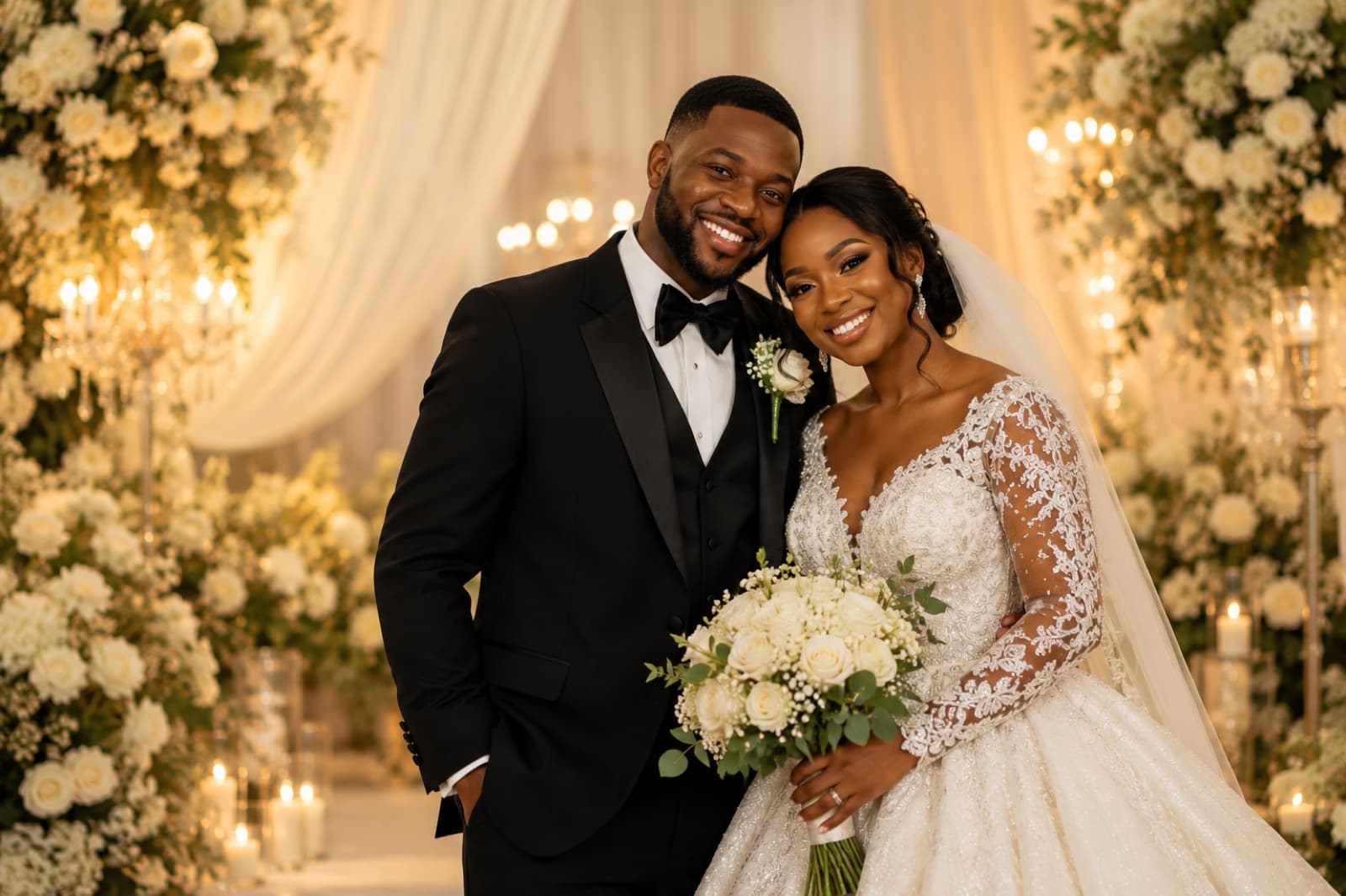 Bride and groom at a white wedding
